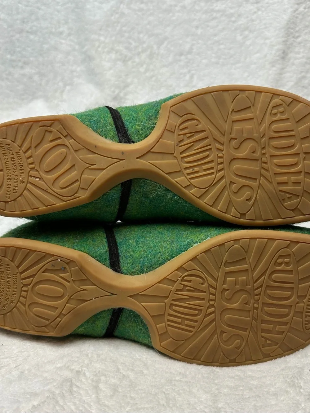 John Fluevog Dayan Peacemaker Green Vegan Felt Slippers EU 41 US M8 / W10